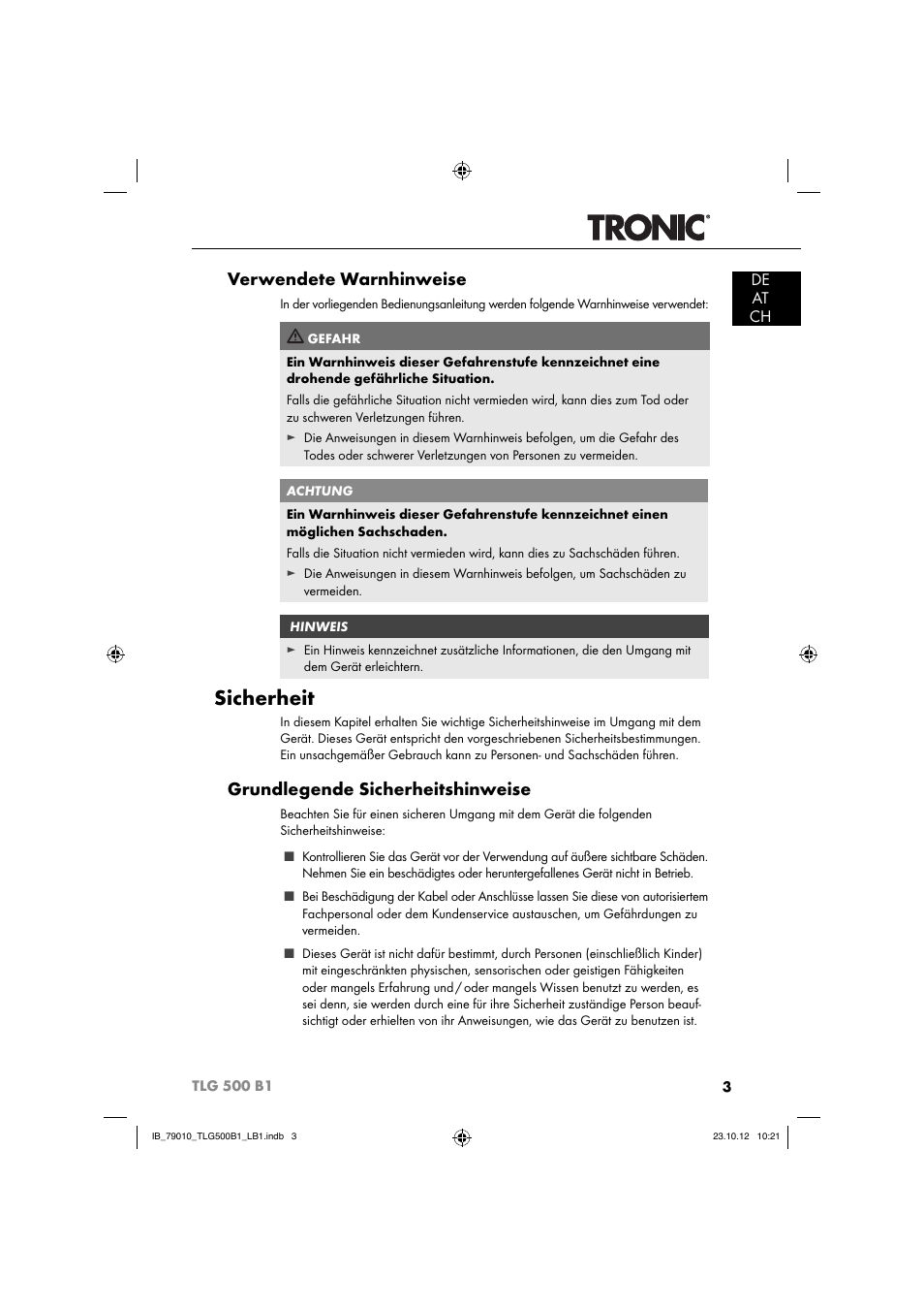 Sicherheit, Verwendete warnhinweise, Grundlegende sicherheitshinweise | De at ch | Tronic TLG 500 B1 User Manual | Page 6 / 63