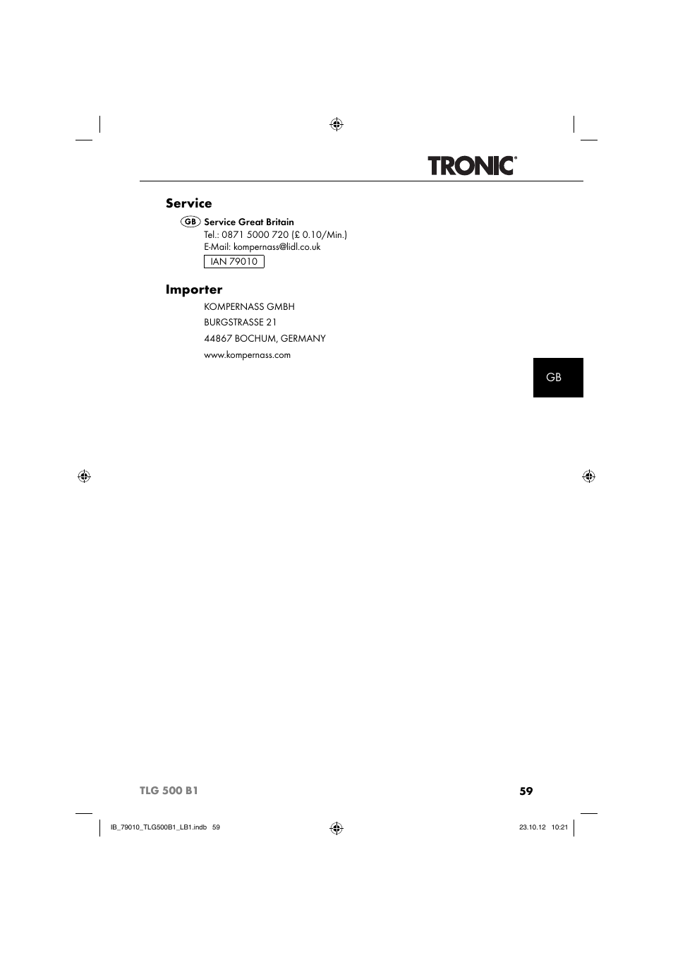 Service, Importer | Tronic TLG 500 B1 User Manual | Page 62 / 63