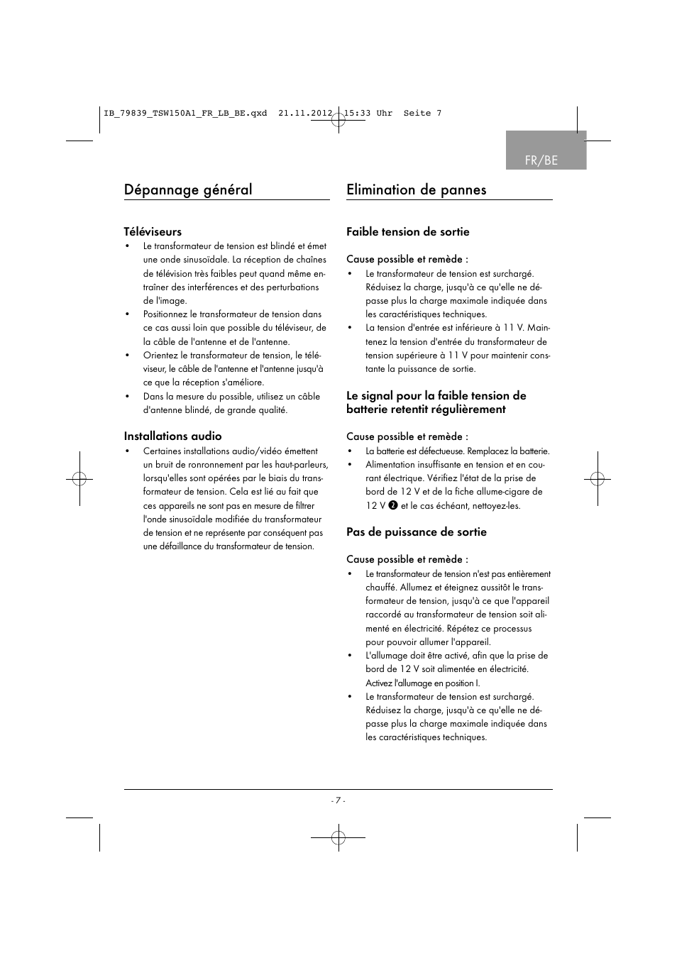 Dépannage général, Elimination de pannes, Fr/be | Tronic TSW 150 A1 User Manual | Page 10 / 43