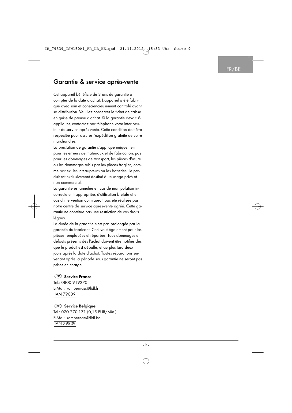 Garantie & service après-vente, Fr/be | Tronic TSW 150 A1 User Manual | Page 12 / 43