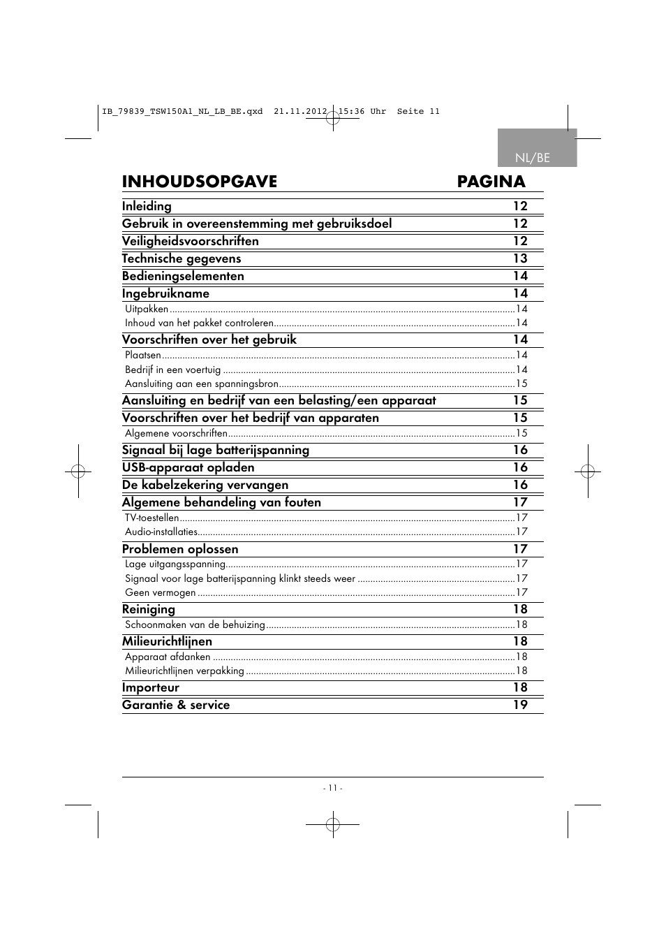 Inhoudsopgave pagina | Tronic TSW 150 A1 User Manual | Page 14 / 43