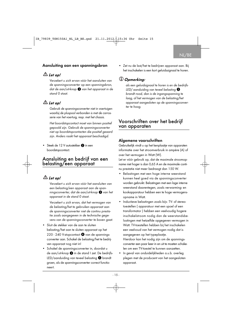 Voorschriften over het bedrijf van apparaten, Nl/be | Tronic TSW 150 A1 User Manual | Page 18 / 43