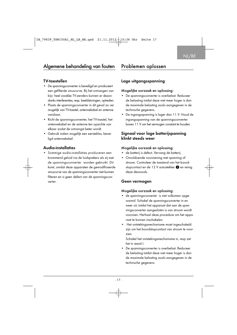 Algemene behandeling van fouten, Problemen oplossen, Nl/be | Tronic TSW 150 A1 User Manual | Page 20 / 43