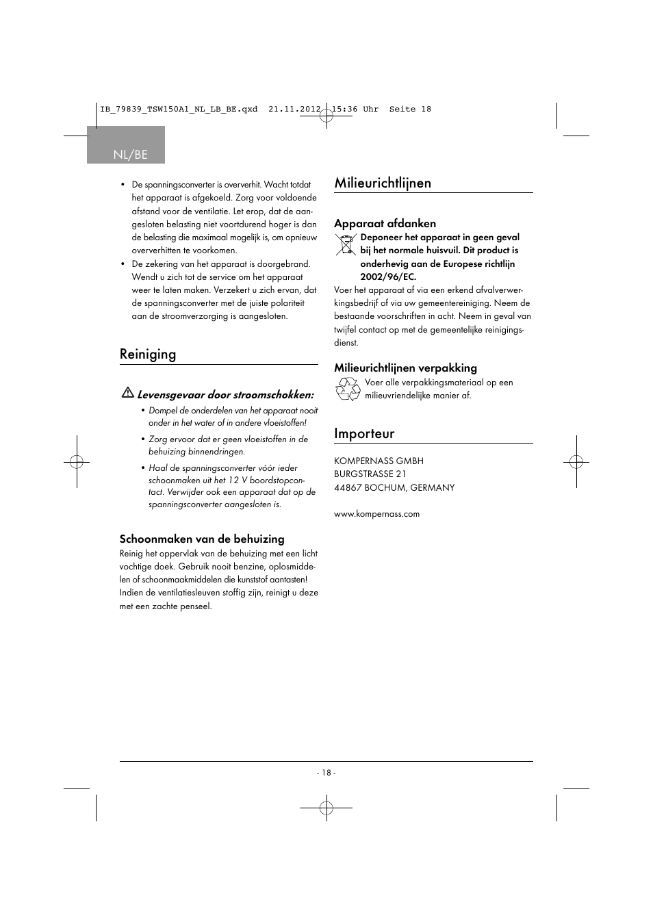 Reiniging, Milieurichtlijnen, Importeur | Nl/be | Tronic TSW 150 A1 User Manual | Page 21 / 43