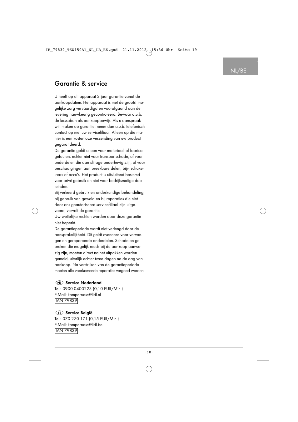 Garantie & service, Nl/be | Tronic TSW 150 A1 User Manual | Page 22 / 43