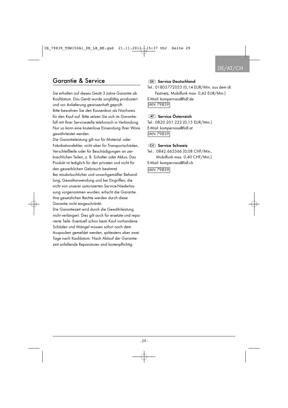 Garantie & service, De/at/ch | Tronic TSW 150 A1 User Manual | Page 32 / 43