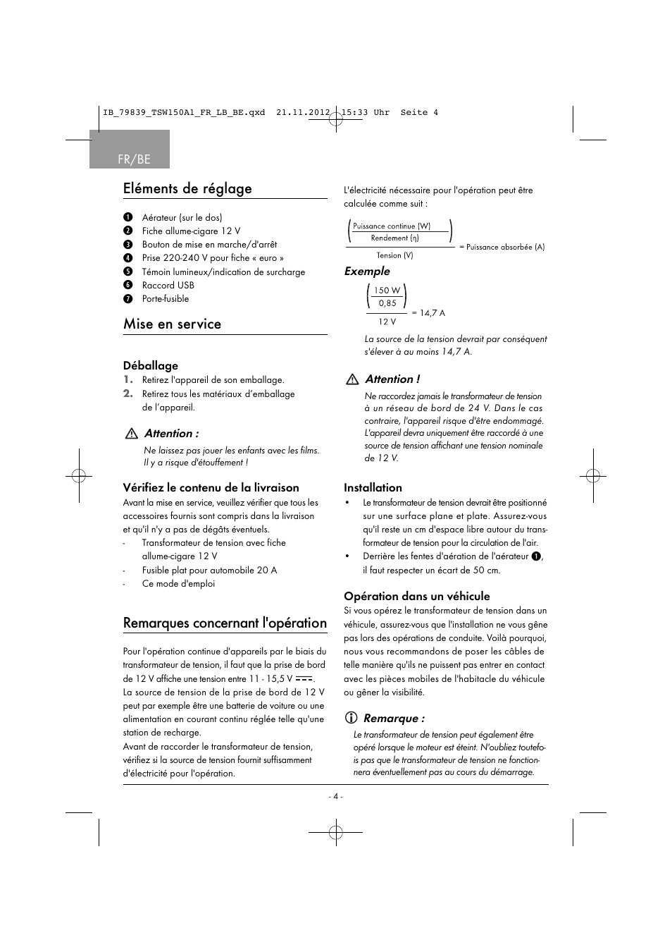 Eléments de réglage, Mise en service, Remarques concernant l'opération | Fr/be | Tronic TSW 150 A1 User Manual | Page 7 / 43