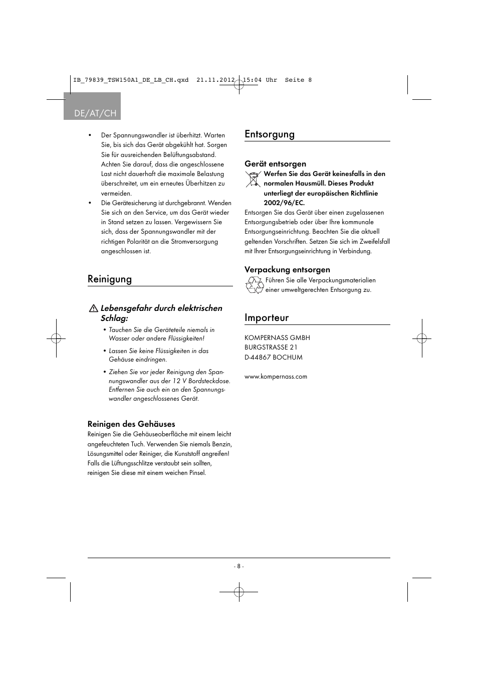 Reinigung, Entsorgung, Importeur | De/at/ch | Tronic TSW 150 A1 User Manual | Page 11 / 43