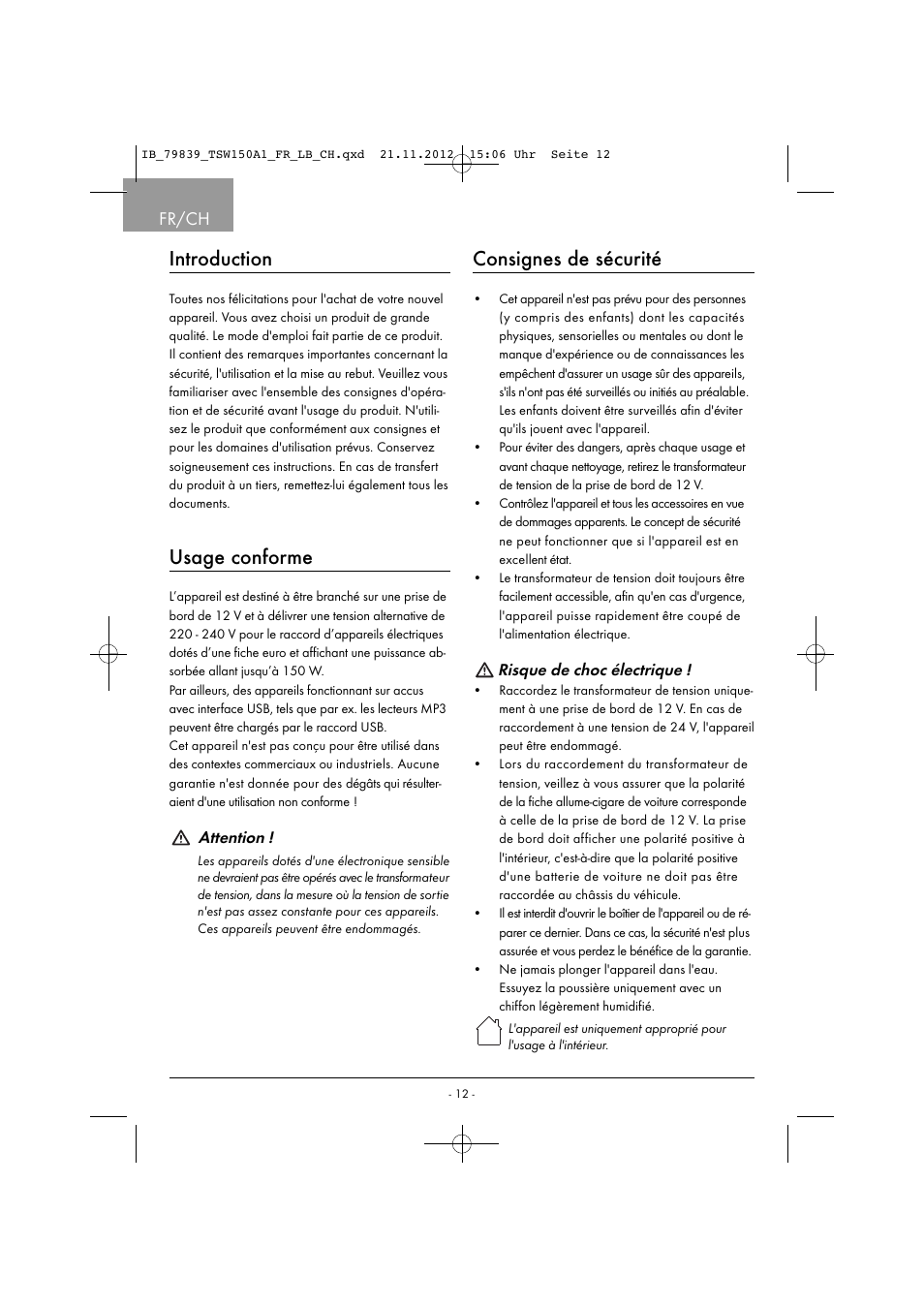 Introduction, Usage conforme, Consignes de sécurité | Fr/ch | Tronic TSW 150 A1 User Manual | Page 15 / 43