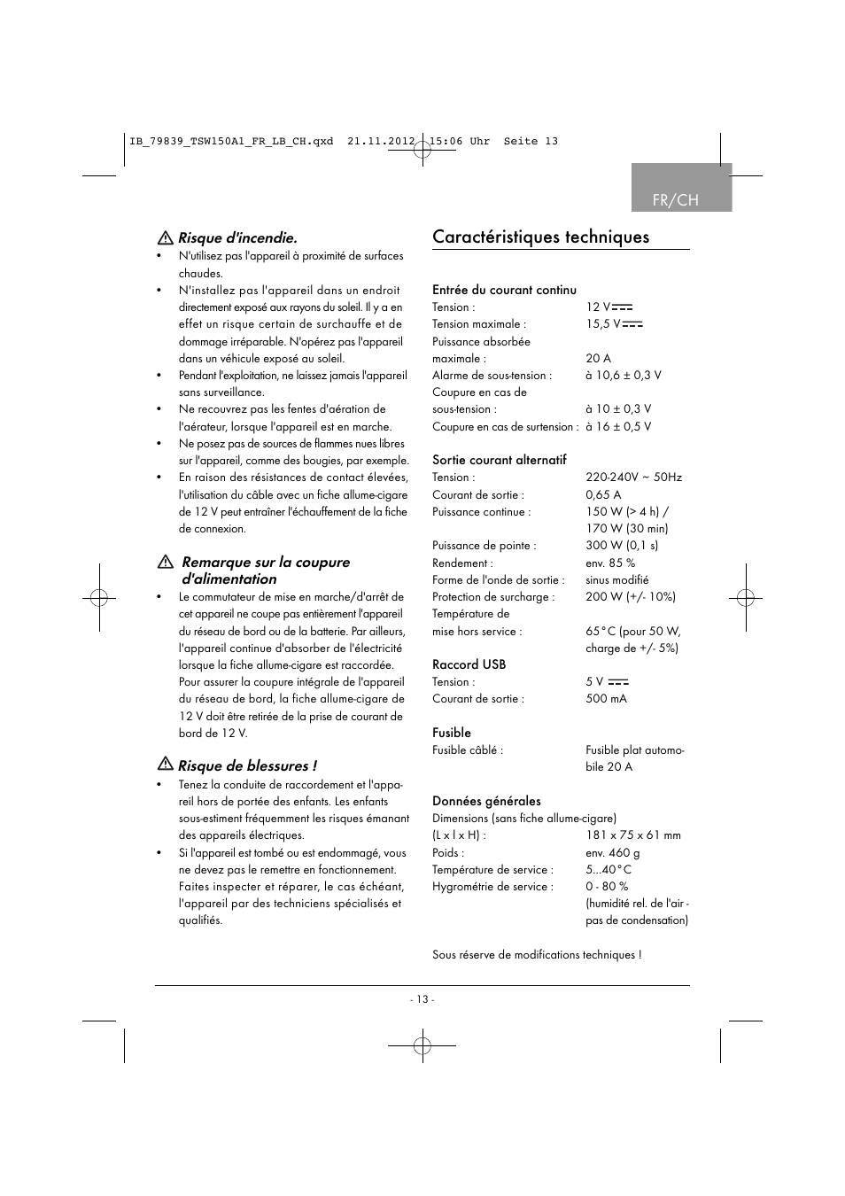 Caractéristiques techniques, Fr/ch, Risque d'incendie | Remarque sur la coupure d'alimentation, Risque de blessures | Tronic TSW 150 A1 User Manual | Page 16 / 43