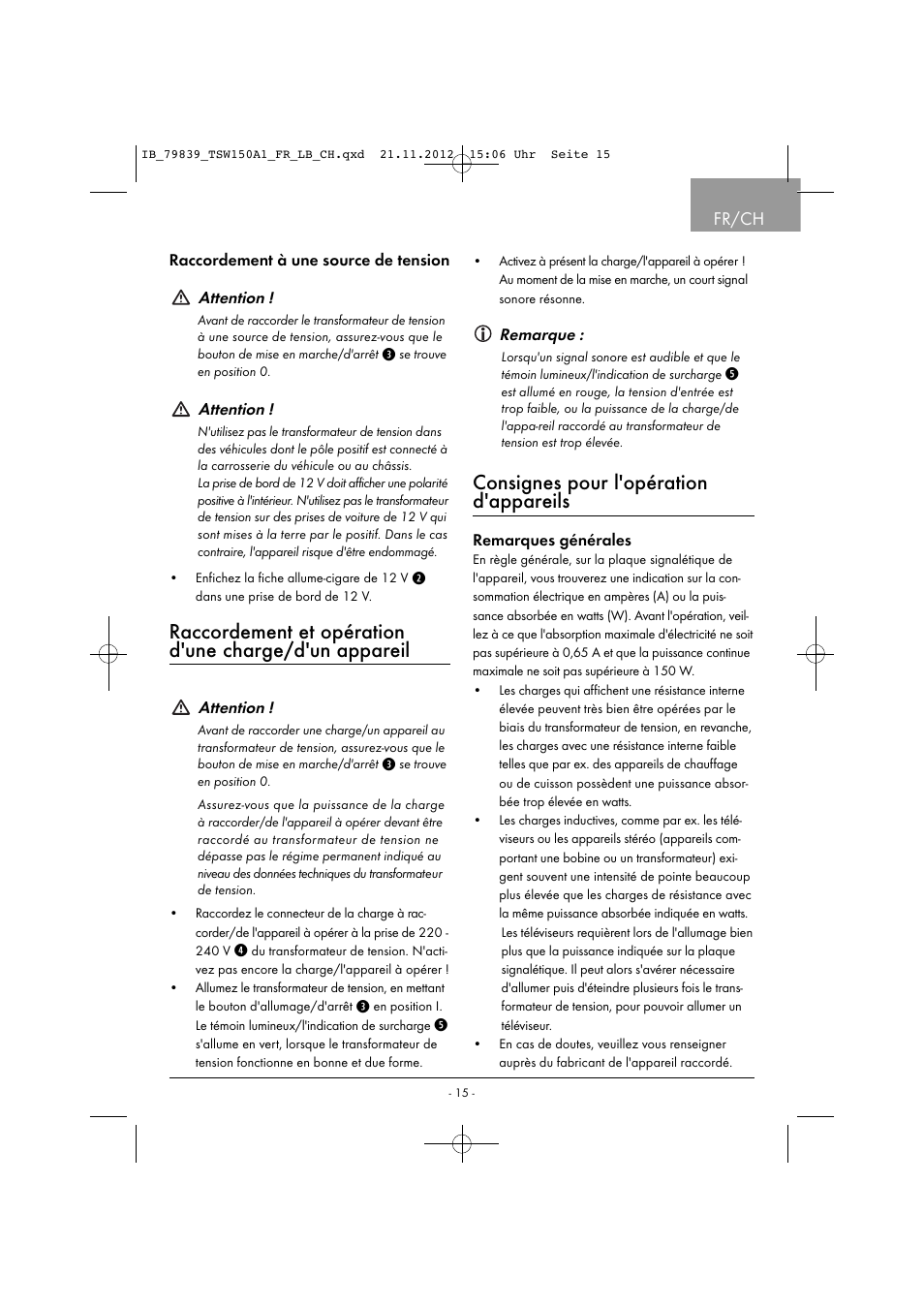 Consignes pour l'opération d'appareils, Fr/ch | Tronic TSW 150 A1 User Manual | Page 18 / 43