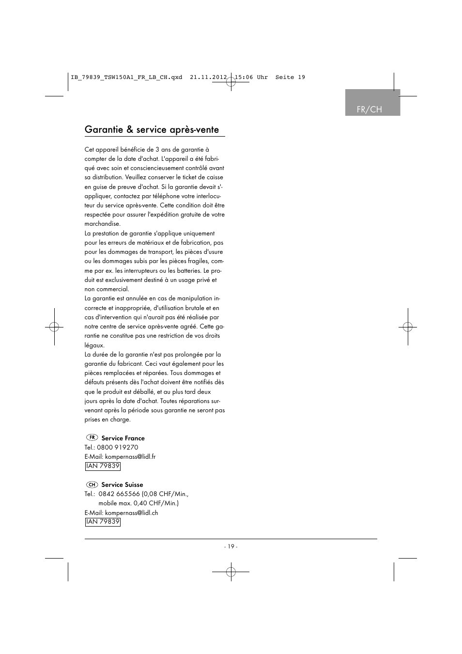 Garantie & service après-vente, Fr/ch | Tronic TSW 150 A1 User Manual | Page 22 / 43