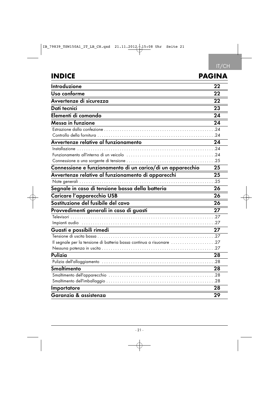 Indice pagina | Tronic TSW 150 A1 User Manual | Page 24 / 43