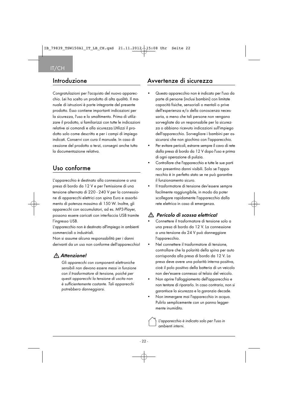 Introduzione, Uso conforme, Avvertenze di sicurezza | It/ch | Tronic TSW 150 A1 User Manual | Page 25 / 43