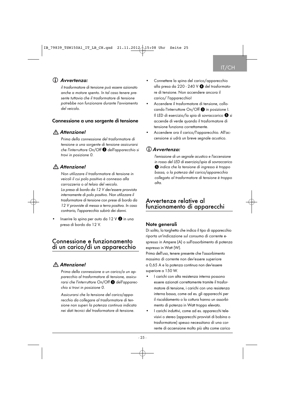 Avvertenze relative al funzionamento di apparecchi, It/ch | Tronic TSW 150 A1 User Manual | Page 28 / 43