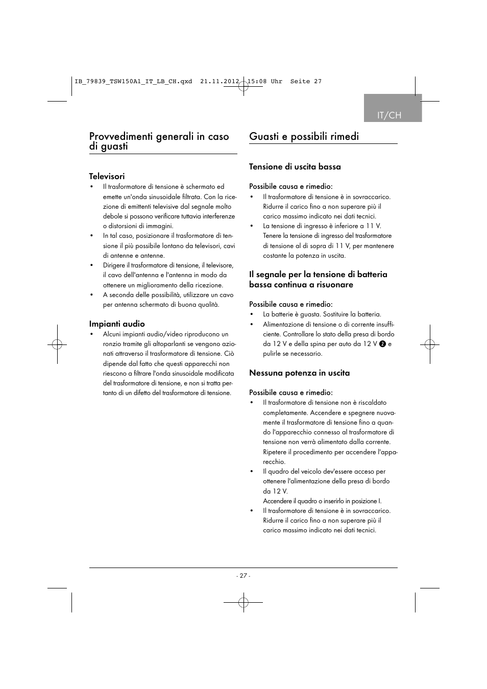 Provvedimenti generali in caso di guasti, Guasti e possibili rimedi, It/ch | Tronic TSW 150 A1 User Manual | Page 30 / 43