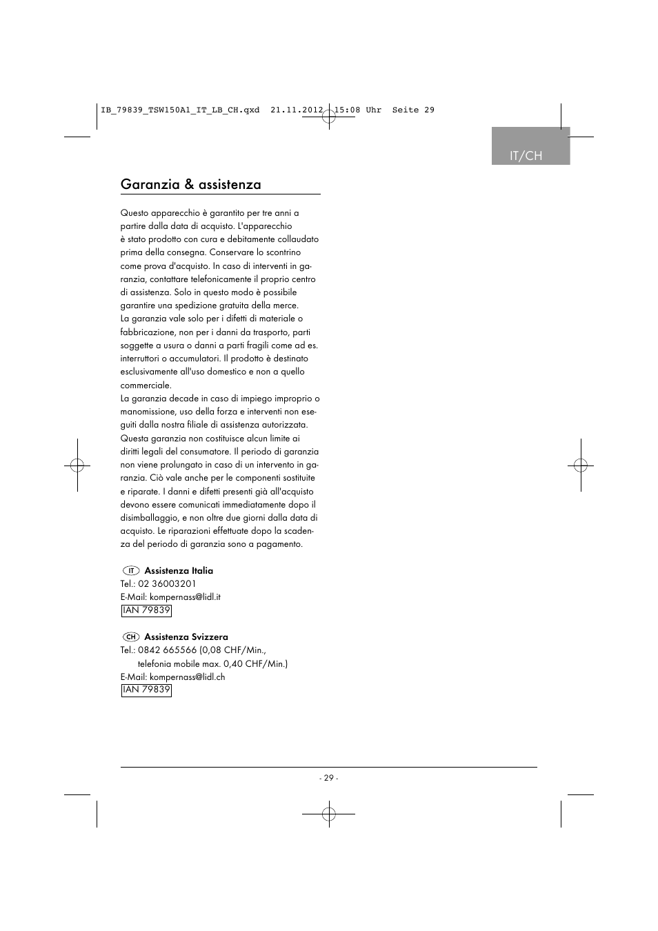 Garanzia & assistenza, It/ch | Tronic TSW 150 A1 User Manual | Page 32 / 43