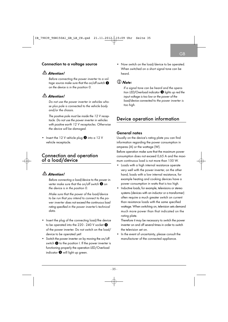 Connection and operation of a load/device, Device operation information | Tronic TSW 150 A1 User Manual | Page 38 / 43