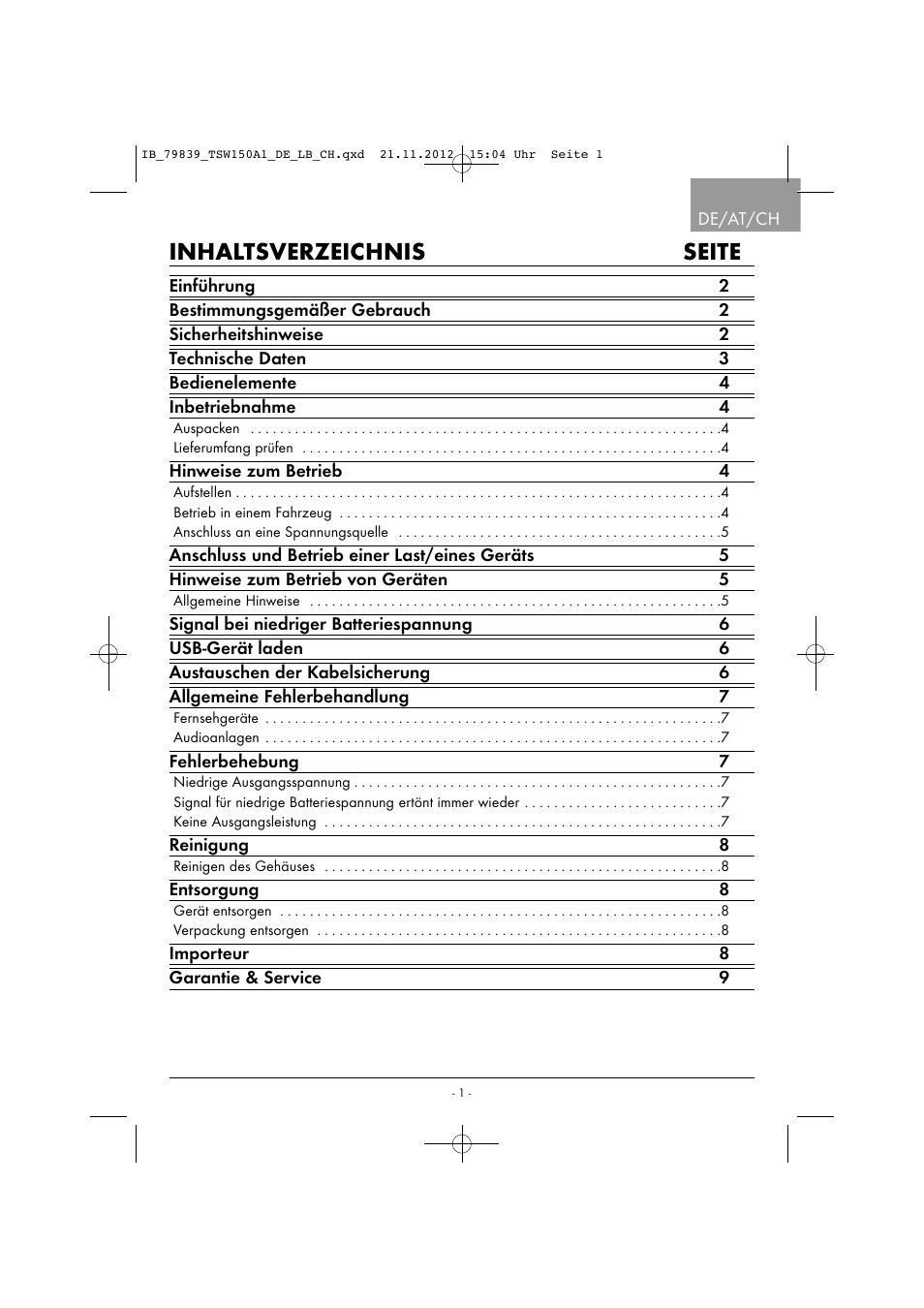 Inhaltsverzeichnis seite | Tronic TSW 150 A1 User Manual | Page 4 / 43