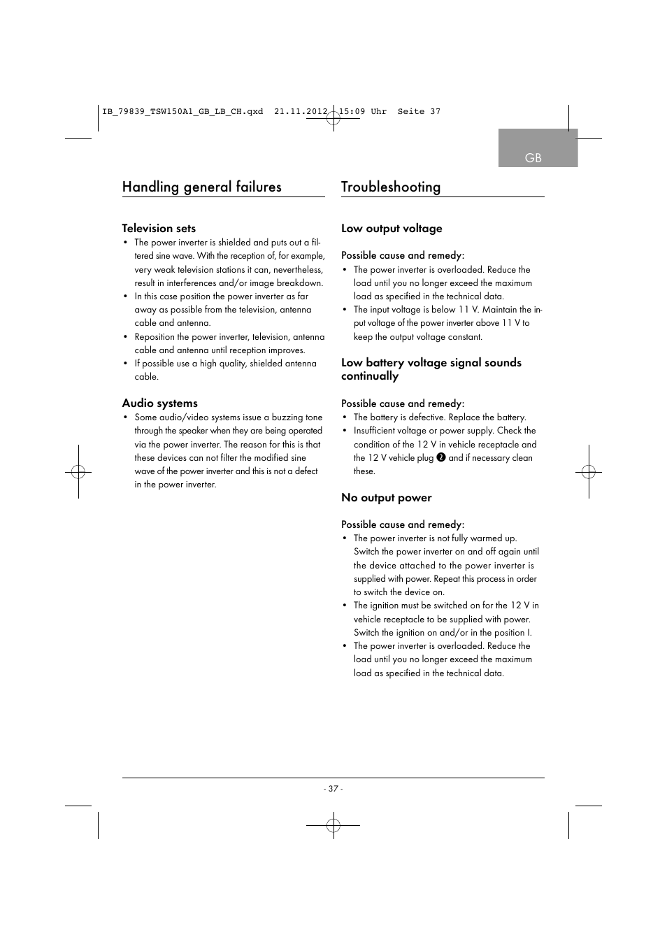 Handling general failures, Troubleshooting | Tronic TSW 150 A1 User Manual | Page 40 / 43