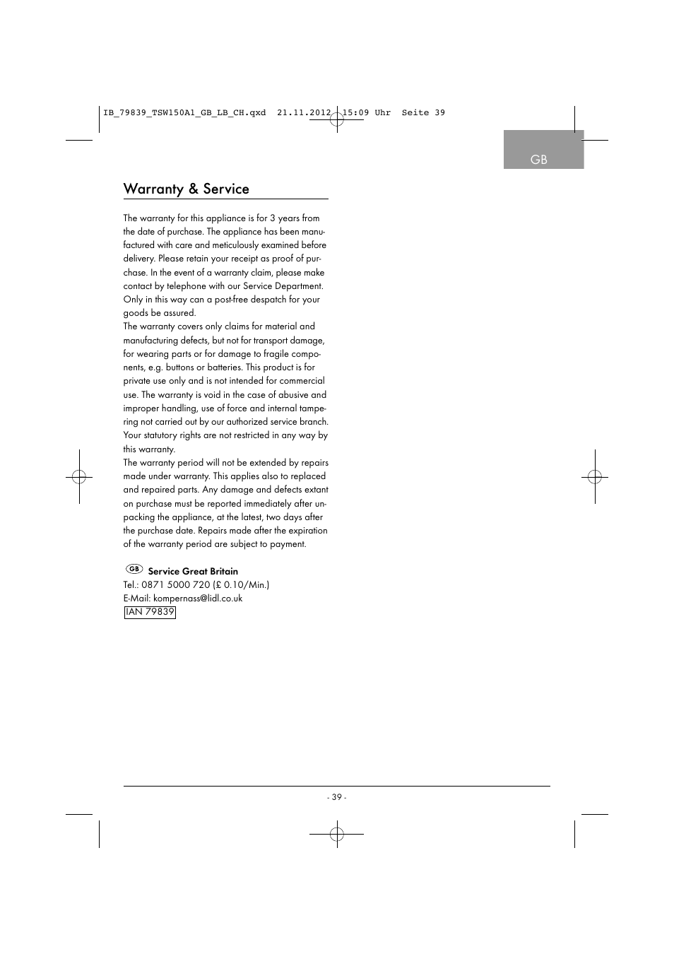 Warranty & service | Tronic TSW 150 A1 User Manual | Page 42 / 43