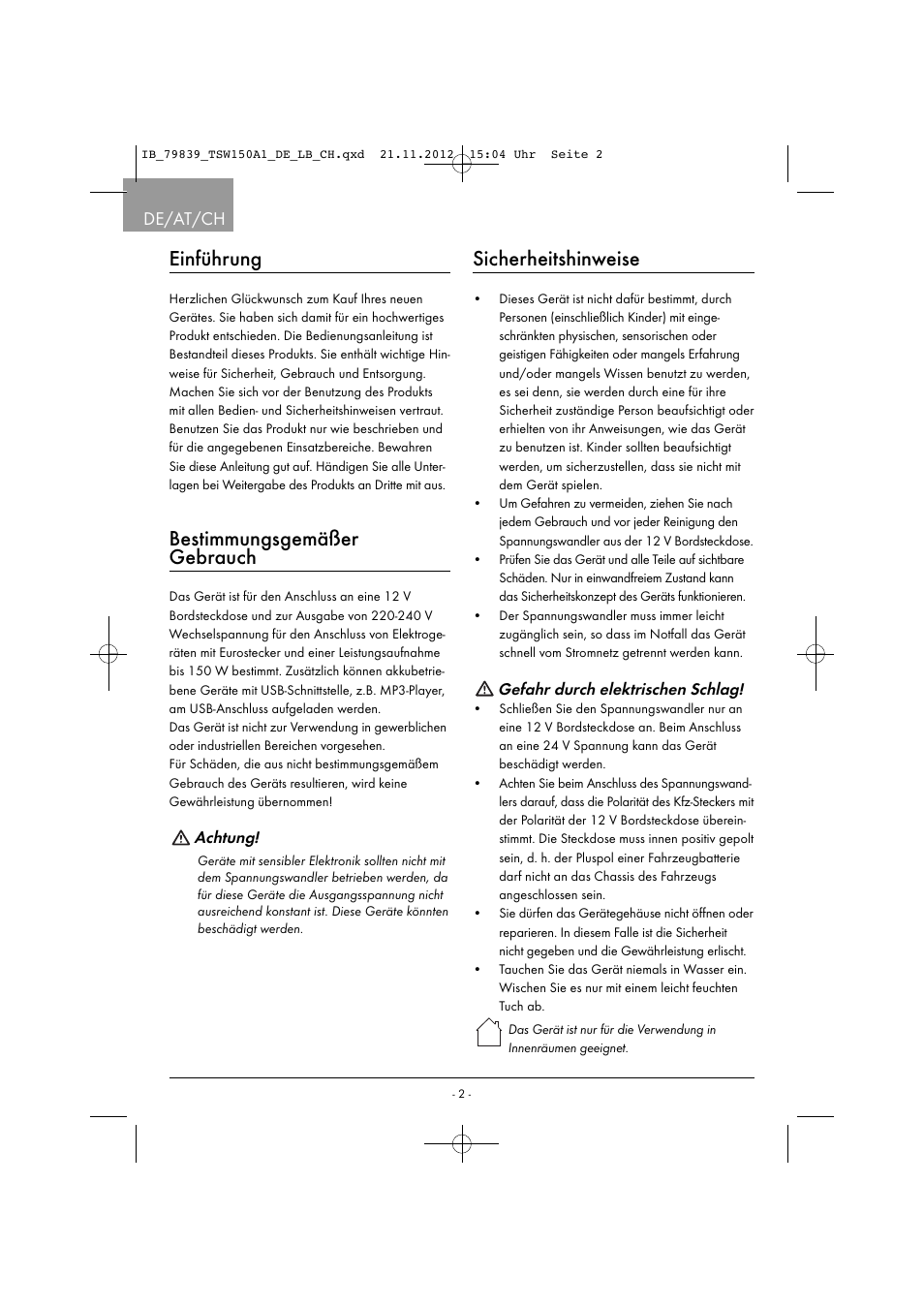 Einführung, Bestimmungsgemäßer gebrauch, Sicherheitshinweise | De/at/ch | Tronic TSW 150 A1 User Manual | Page 5 / 43