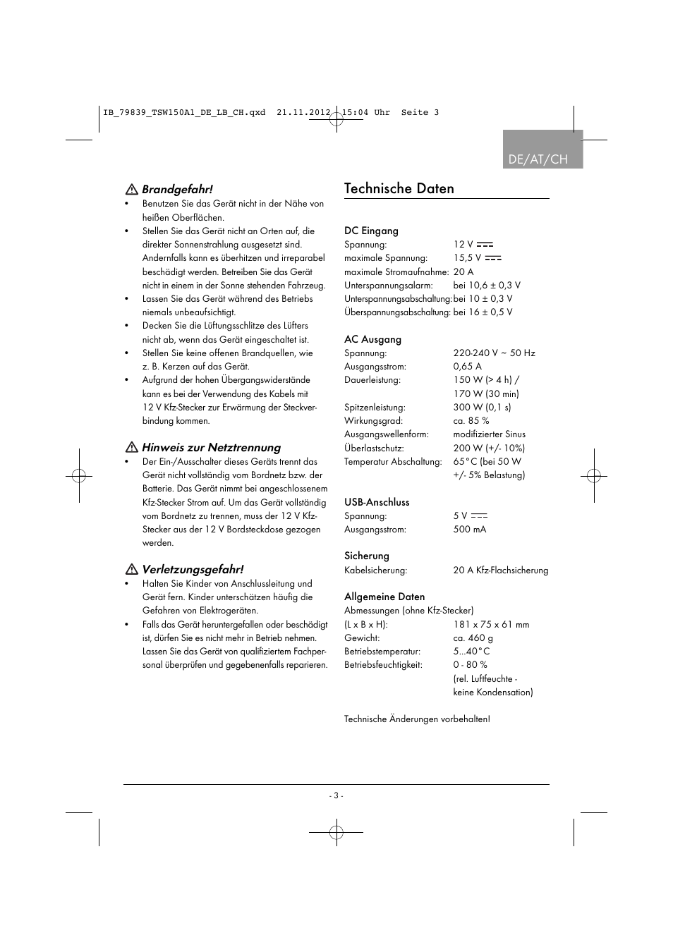 Technische daten, De/at/ch, Brandgefahr | Hinweis zur netztrennung, Verletzungsgefahr | Tronic TSW 150 A1 User Manual | Page 6 / 43