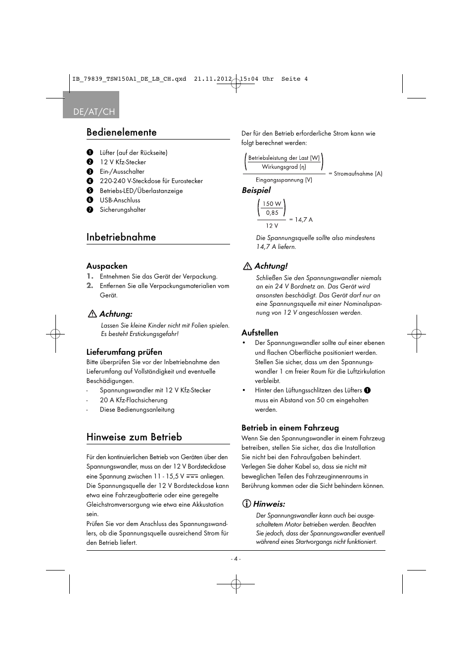 Bedienelemente, Inbetriebnahme, Hinweise zum betrieb | De/at/ch | Tronic TSW 150 A1 User Manual | Page 7 / 43