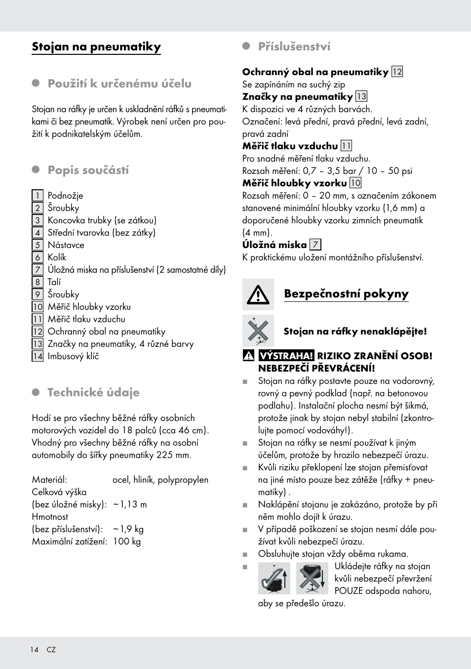 Stojan na pneumatiky, Použití k určenému účelu, Popis součástí | Technické údaje, Příslušenství, Bezpečnostní pokyny | Ultimate Speed Z31365 User Manual | Page 14 / 20