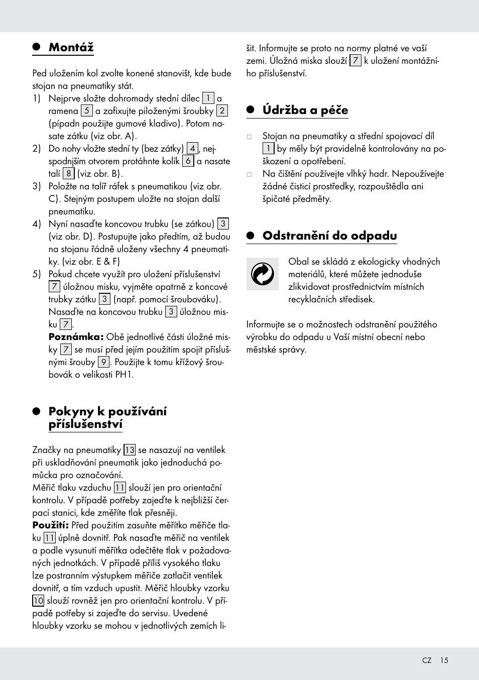 Montáž, Pokyny k používání příslušenství, Údržba a péče | Odstranění do odpadu | Ultimate Speed Z31365 User Manual | Page 15 / 20