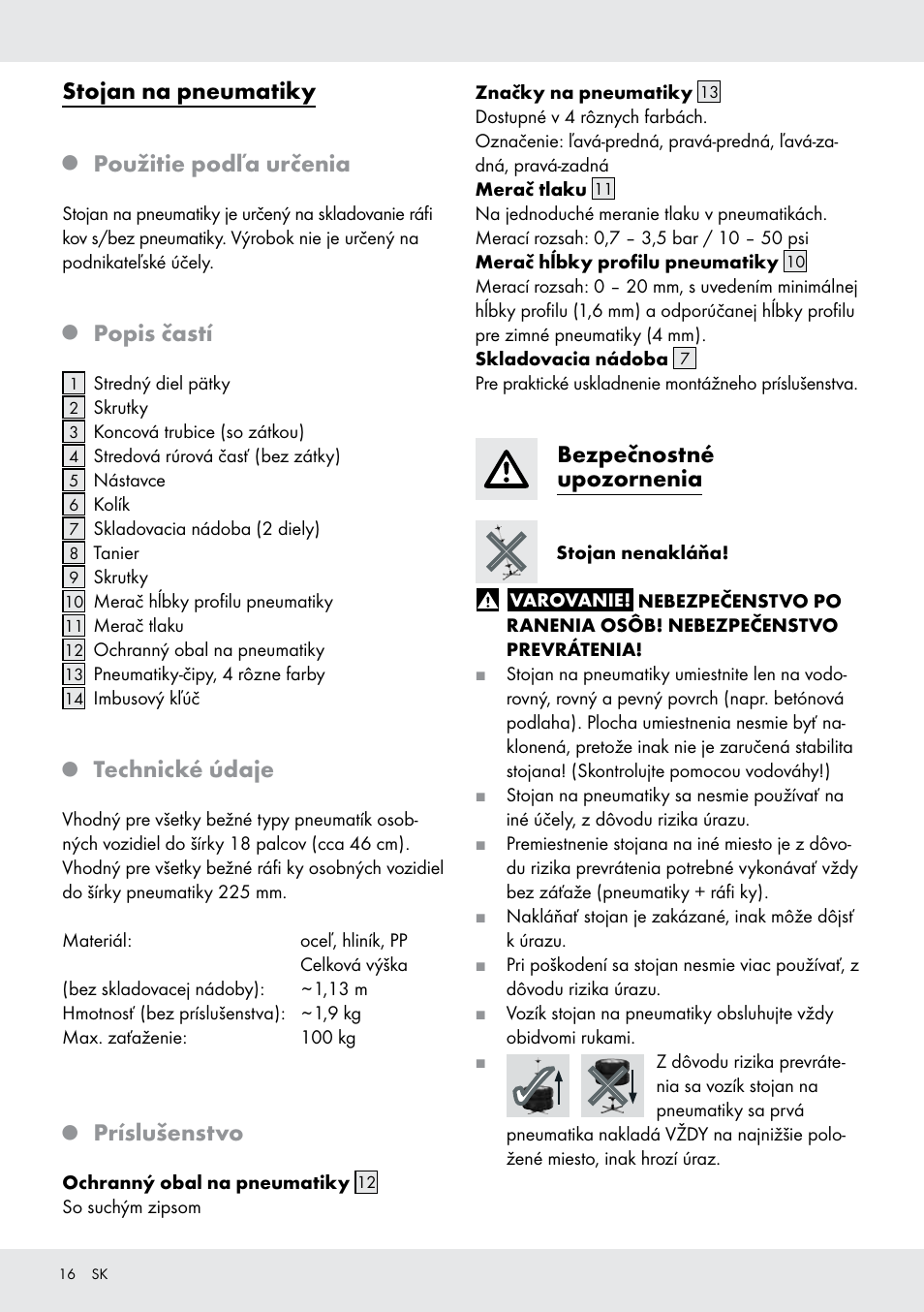 Stojan na pneumatiky, Použitie podľa určenia, Popis častí | Technické údaje, Príslušenstvo, Bezpečnostné upozornenia | Ultimate Speed Z31365 User Manual | Page 16 / 20