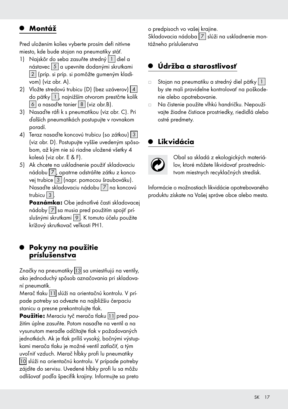 Montáž, Pokyny na použitie príslušenstva, Údržba a starostlivosť | Likvidácia | Ultimate Speed Z31365 User Manual | Page 17 / 20