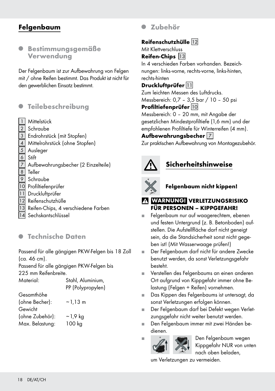 Felgenbaum, Bestimmungsgemäße verwendung, Teilebeschreibung | Technische daten, Zubehör, Sicherheitshinweise | Ultimate Speed Z31365 User Manual | Page 18 / 20