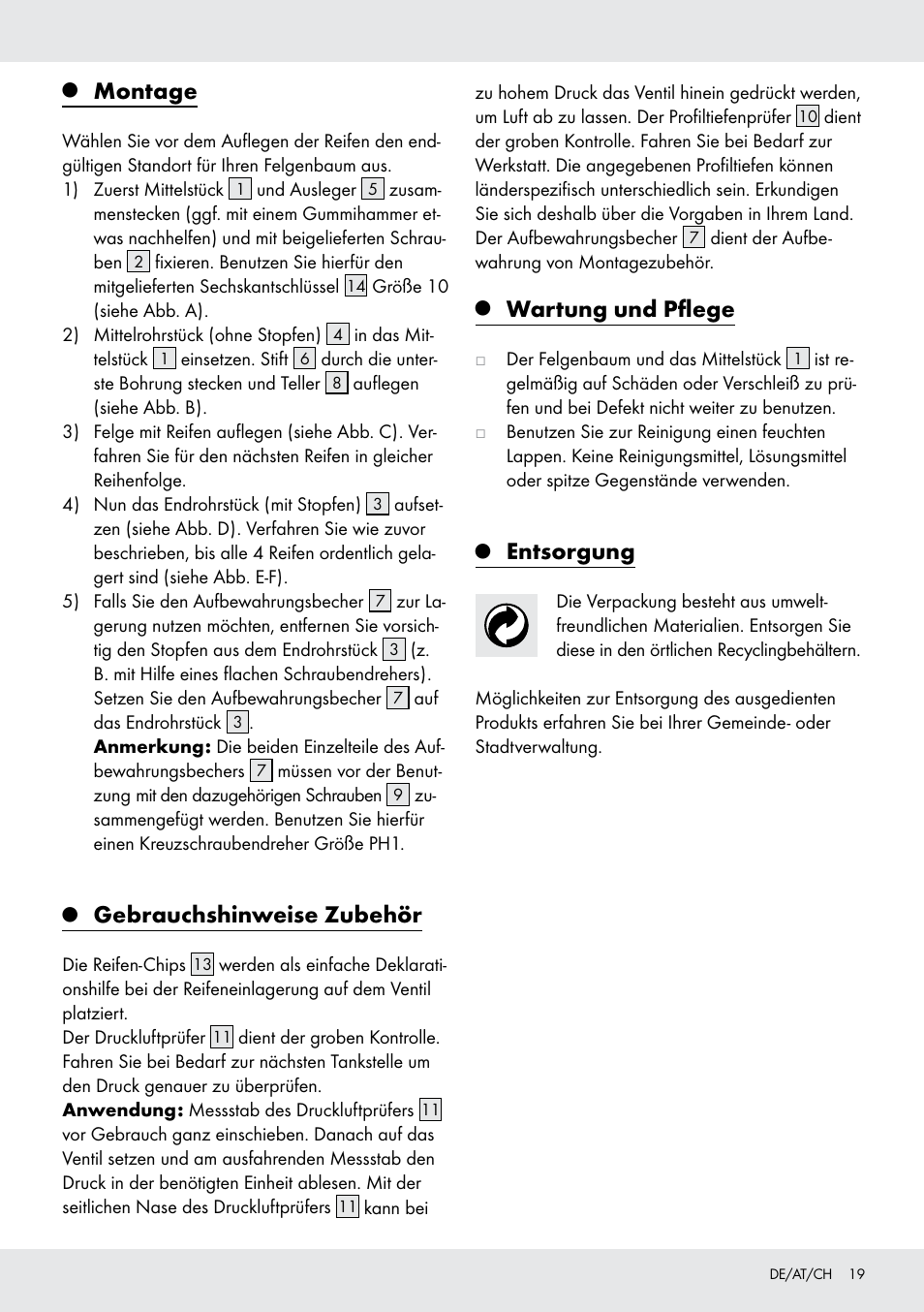 Montage, Gebrauchshinweise zubehör, Wartung und pflege | Entsorgung | Ultimate Speed Z31365 User Manual | Page 19 / 20