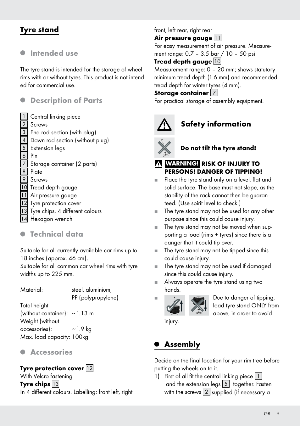 Tyre stand, Intended use, Description of parts | Technical data, Accessories, Safety information, Assembly | Ultimate Speed Z31365 User Manual | Page 5 / 20