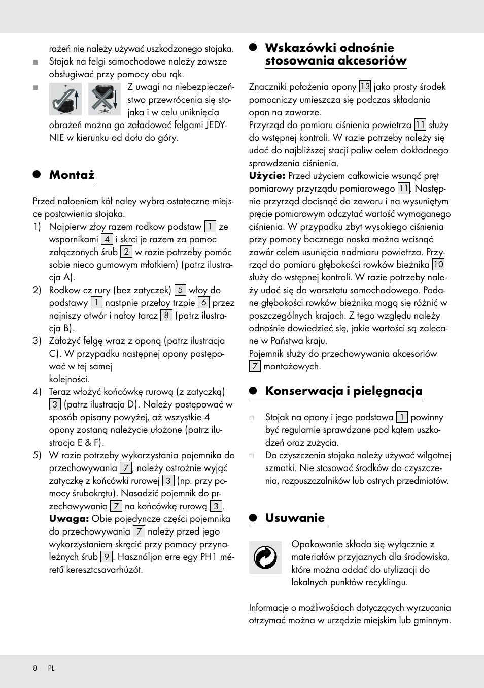 Montaż, Wskazówki odnośnie stosowania akcesoriów, Konserwacja i pielęgnacja | Usuwanie | Ultimate Speed Z31365 User Manual | Page 8 / 20