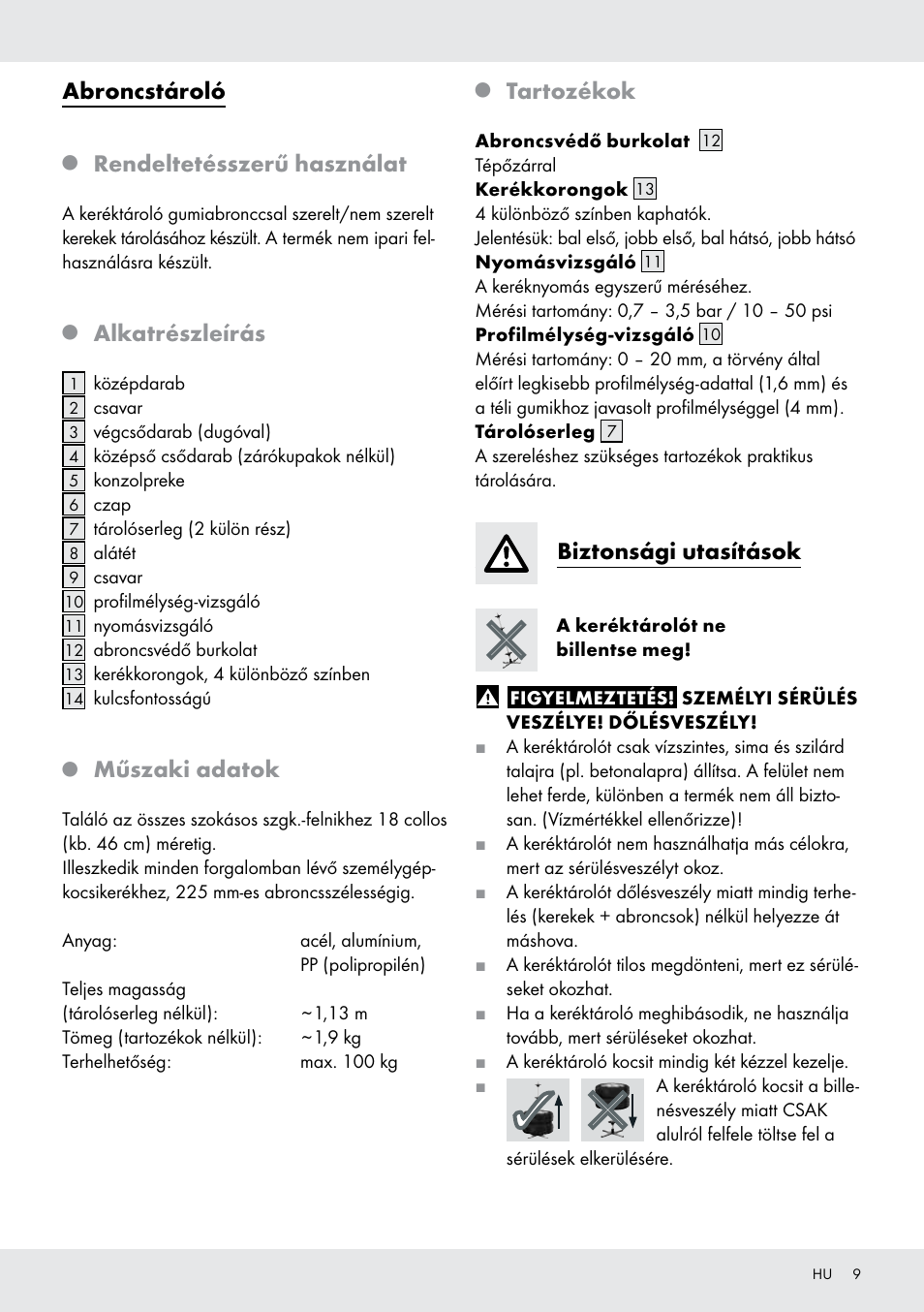Abroncstároló, Rendeltetésszerű használat, Alkatrészleírás | Műszaki adatok, Tartozékok, Biztonsági utasítások | Ultimate Speed Z31365 User Manual | Page 9 / 20