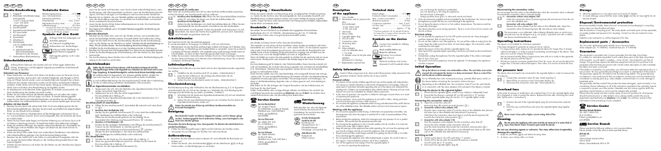 Arbeitshinweise, Luftdruckprüfung, Überlastsicherung | Reinigung, Aufbewahrung, Inbetriebnahme, Description of the appliance, Safety information, Technical data, Symbols on the device | Ultimate Speed UMK 10 A1 User Manual | Page 2 / 2