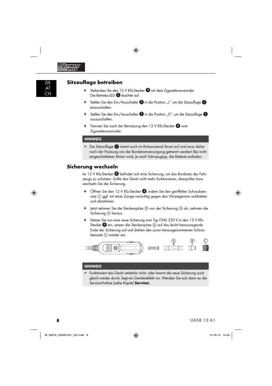 Sitzauﬂ age betreiben, Sicherung wechseln, De at ch | Ultimate Speed UASB 12 A1 User Manual | Page 11 / 63