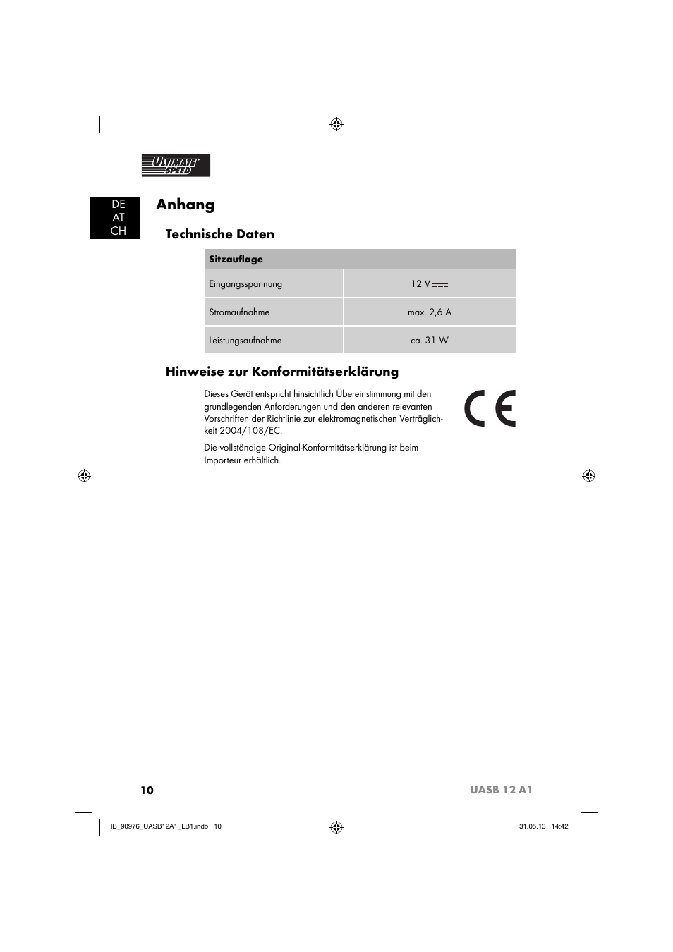 Anhang, Technische daten, Hinweise zur konformitätserklärung | De at ch | Ultimate Speed UASB 12 A1 User Manual | Page 13 / 63