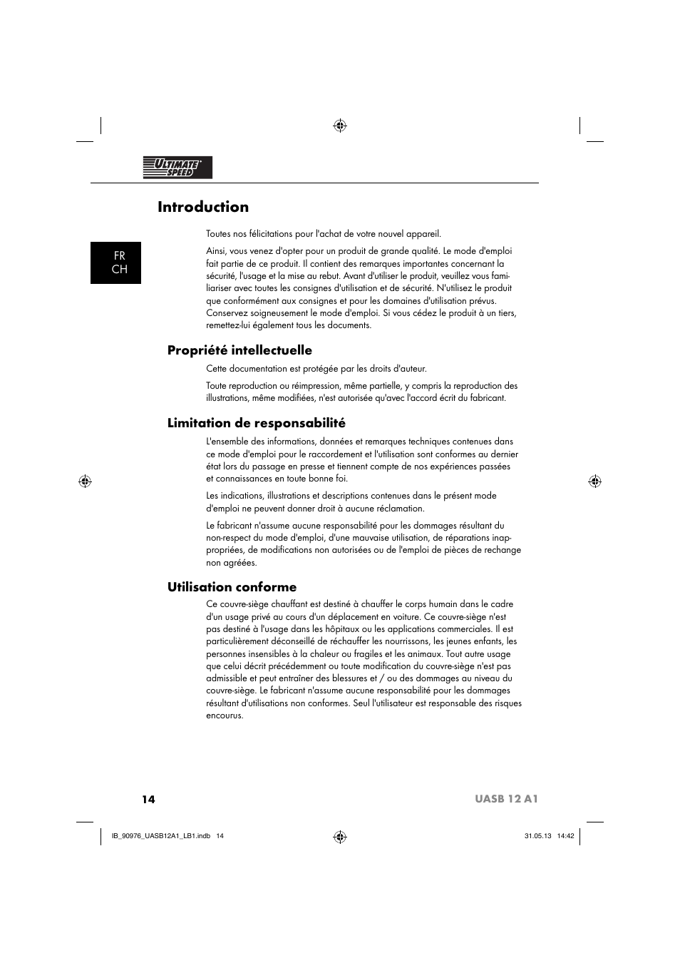Introduction, Propriété intellectuelle, Limitation de responsabilité | Utilisation conforme, Fr ch | Ultimate Speed UASB 12 A1 User Manual | Page 17 / 63