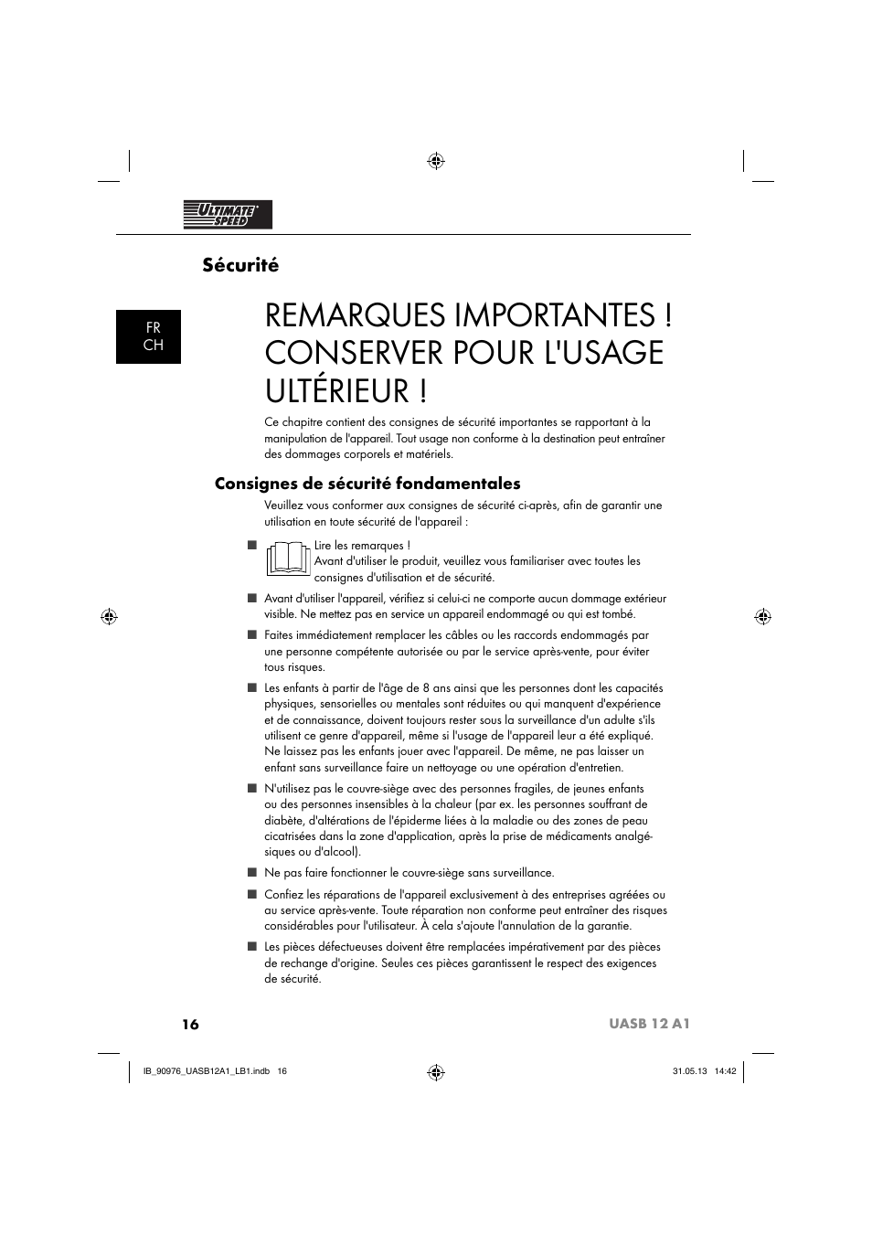 Sécurité, Consignes de sécurité fondamentales, Fr ch | Ultimate Speed UASB 12 A1 User Manual | Page 19 / 63