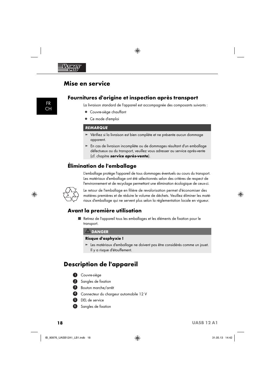 Mise en service, Description de l'appareil, Élimination de l'emballage | Avant la première utilisation, Fr ch | Ultimate Speed UASB 12 A1 User Manual | Page 21 / 63