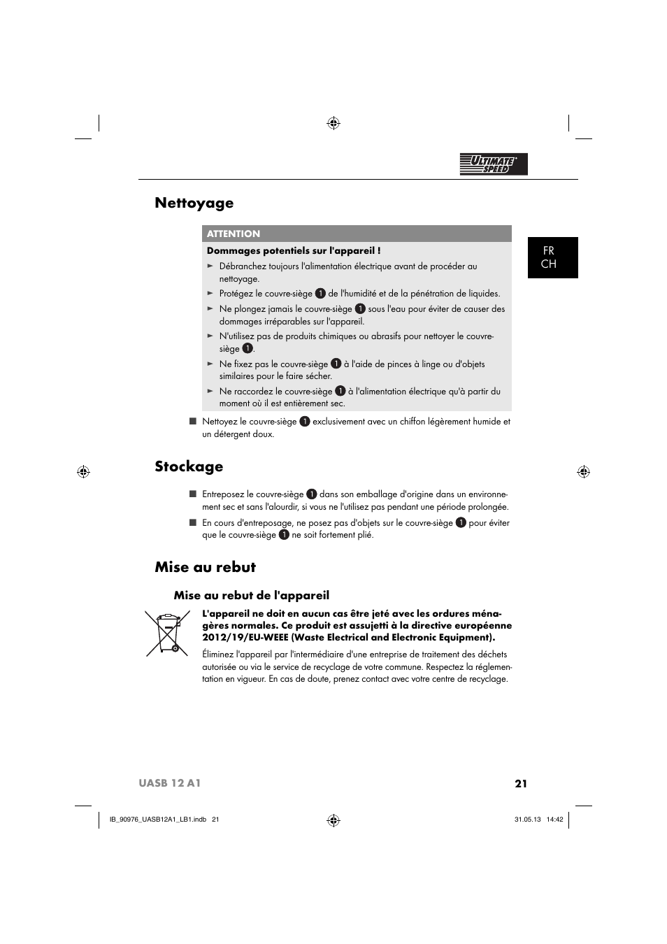 Nettoyage, Stockage, Mise au rebut | Fr ch, Mise au rebut de l'appareil | Ultimate Speed UASB 12 A1 User Manual | Page 24 / 63