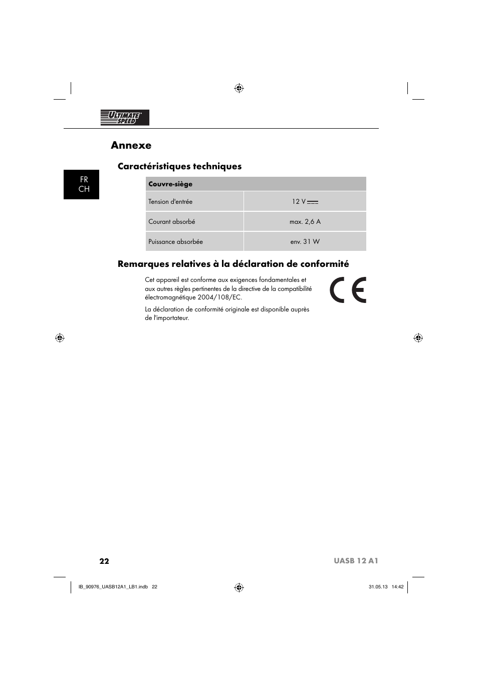 Annexe, Caractéristiques techniques, Remarques relatives à la déclaration de conformité | Fr ch | Ultimate Speed UASB 12 A1 User Manual | Page 25 / 63