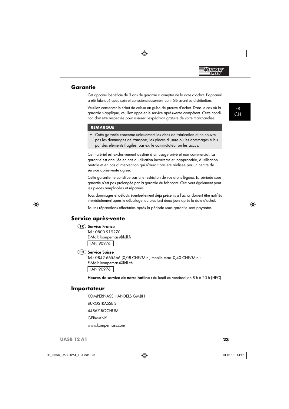 Garantie, Service après-vente, Importateur | Fr ch | Ultimate Speed UASB 12 A1 User Manual | Page 26 / 63