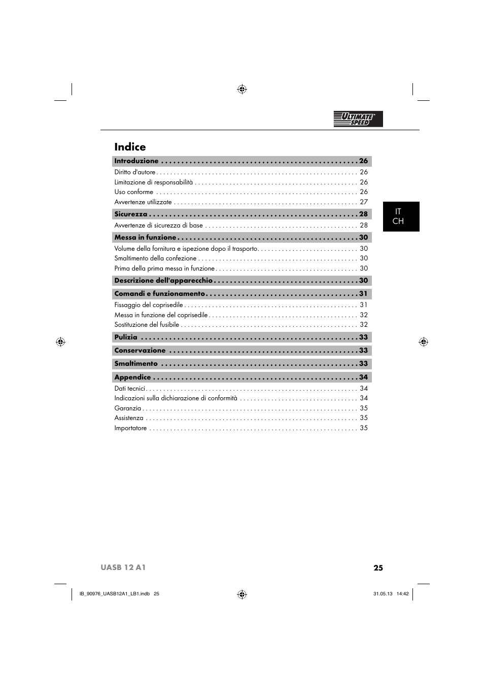 Indice, It ch | Ultimate Speed UASB 12 A1 User Manual | Page 28 / 63