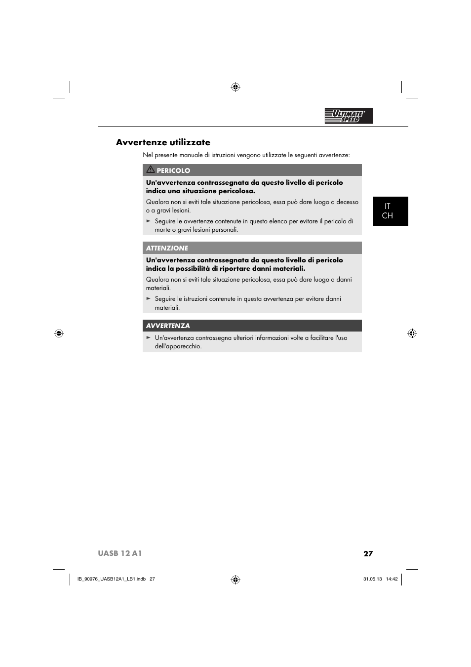 Avvertenze utilizzate, It ch | Ultimate Speed UASB 12 A1 User Manual | Page 30 / 63