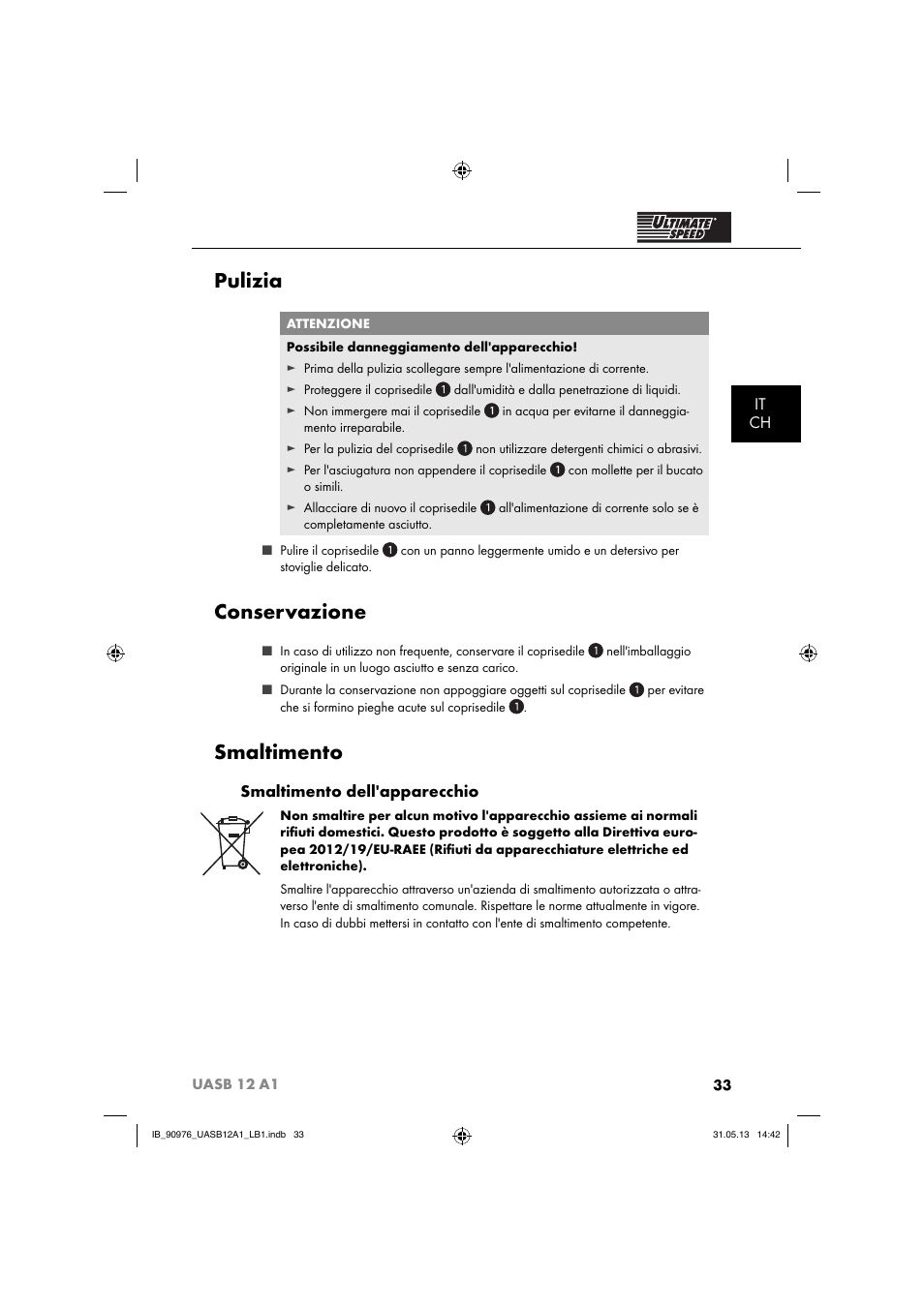 Pulizia, Conservazione, Smaltimento | It ch, Smaltimento dell'apparecchio | Ultimate Speed UASB 12 A1 User Manual | Page 36 / 63