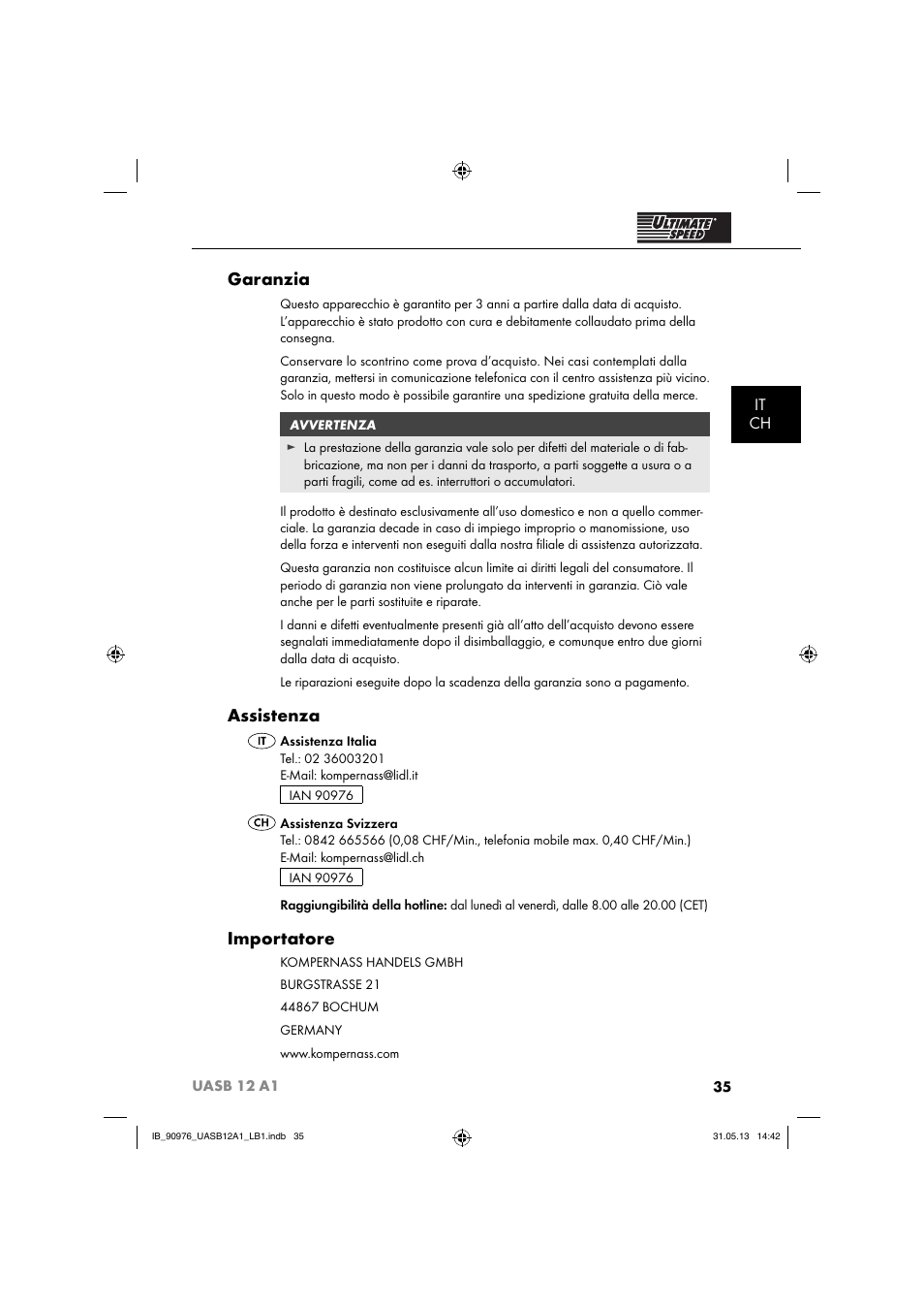 Garanzia, Assistenza, Importatore | It ch | Ultimate Speed UASB 12 A1 User Manual | Page 38 / 63